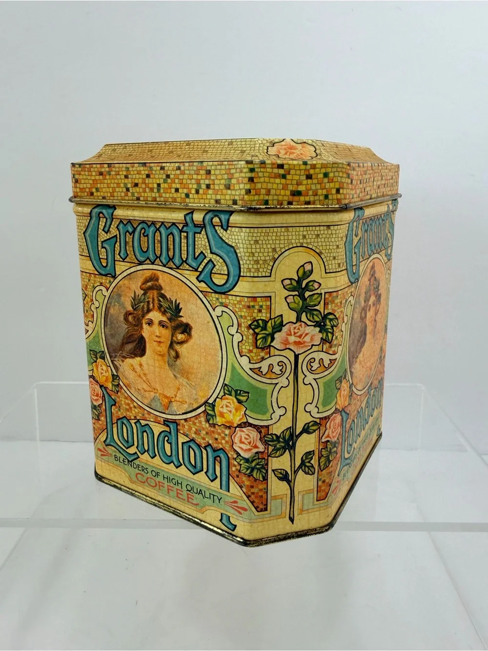 VTG Grant’s London Octagonal Coffee Tin 1950s English Litho Retro Kitchenalia